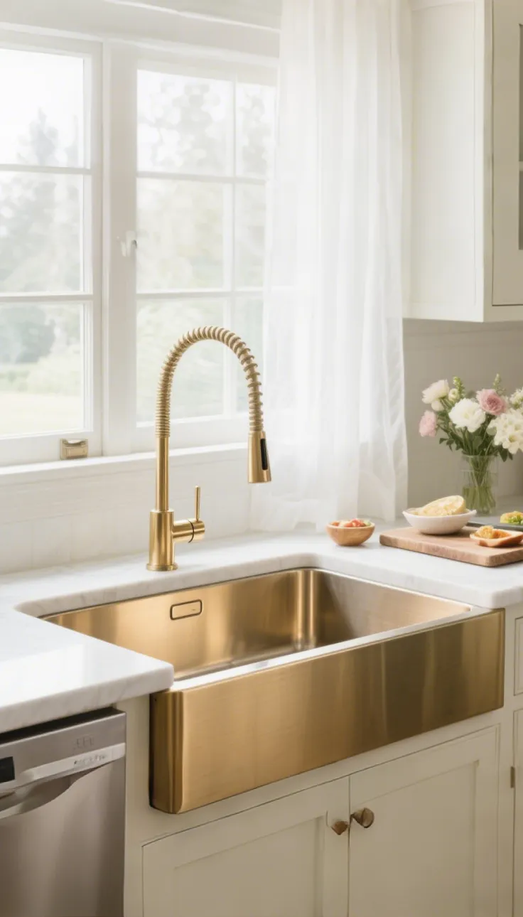 Modern kitchen with rectangular stainless steel sink embedded in white countertop with wooden cabinets below, silver faucet, and kitchen items including plates and bottles